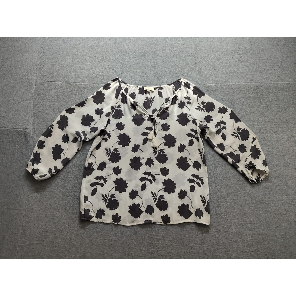 LOFT Women Blouse Top‎ S White Black Floral Print Tassel Tie Front Summer Boho